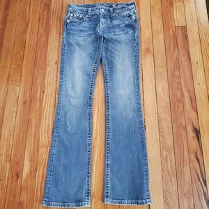 Miss Me Boot Cut Crystal Rose Back Pockets - Black Back Leather Patch Sz 28